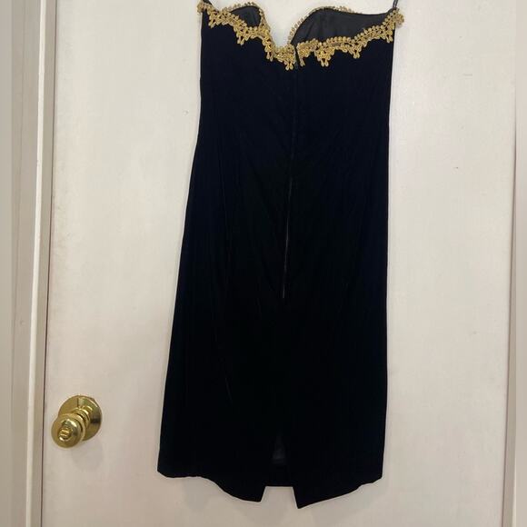 Vintage Zum Zum Strapless Black Velvet Mini Dress Gold Trim Small Whimsigoth - Picture 3 of 11